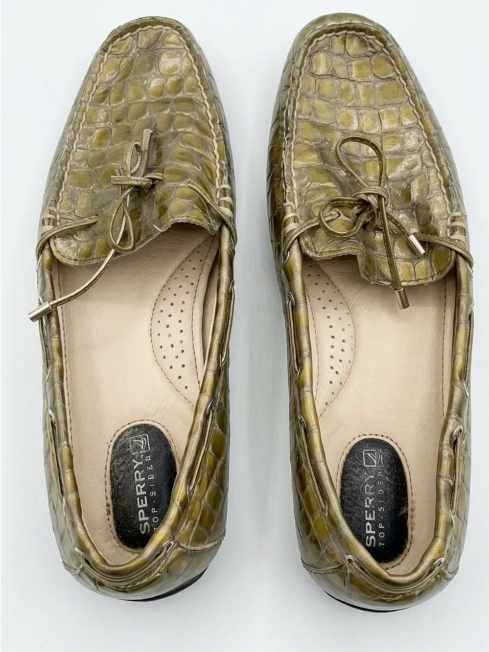 Sperry Olive Gold Croc-Embossed Top Siders Driver Loafers